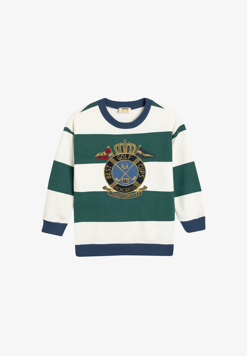 Grön- och vitrandig sweatshirt med rund halsringning och marinblå ribbade muddar. Har en broderad golf-temat badge på framsidan.