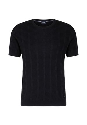 Zwarte korte mouwen gebreide t-shirt met een gestructureerd patroon, ronde halslijn en subtiele merklabel aan de onderkant links.