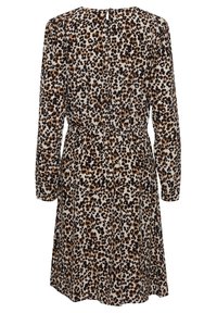 Robe à manches longues avec motif léopard brun et noir, taille cintrée et encolure ronde, vue de dos.