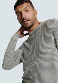 Lichtgrijze, gemêleerde trui met een ruitpatroon, ronde halslijn en lange mouwen. De stof lijkt zacht te zijn met een subtiele stretch.