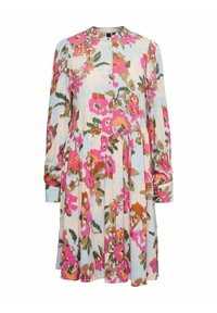 Květinové šaty s dlouhým rukávem, kulatým límcem a knoflíkovou légou. Obsahují směs růžových, oranžových, zelených a modrých odstínů na světlém pozadí.