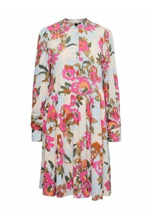 Bloemig jurk met lange mouwen, ronde kraag en knopenlijst. Kenmerkt zich door een mix van roze, oranje, groen en blauwe tinten op een lichte achtergrond.