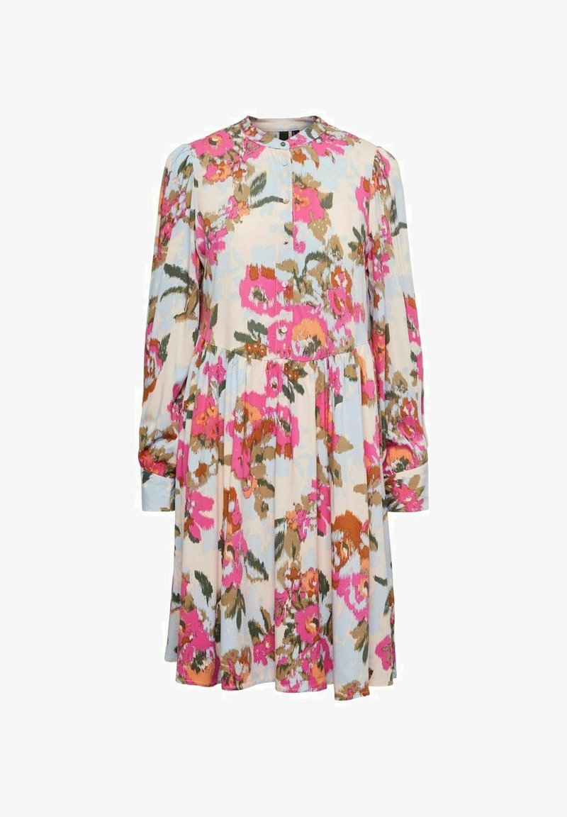 Květinové šaty s dlouhým rukávem, kulatým límcem a knoflíkovou légou. Obsahují směs růžových, oranžových, zelených a modrých odstínů na světlém pozadí.