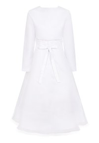Långärmad vit klänning med rundad halsringning, spetsdetalj i midjan och knytning bak. Flödande nederkant med en lätt A-linjeform.