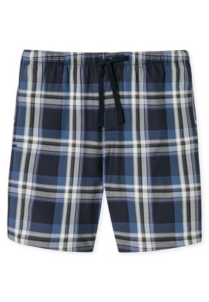 Plaid swim shorts in shades of navy, gray, and blue with an elastic waistband and drawstring. Made from lightweight fabric with side pockets.