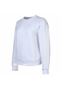Felpa bianca con scollo rotondo, maniche lunghe, orlo e polsini a coste, e un testo ricamato discreto sul davanti. Materiale in cotone morbido.