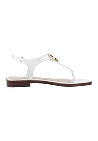 Infradito bianchi con design a T, dettagli in metallo dorato circolari, tomaia in pelle e suola marrone testurizzata. Stile semplice e minimalista.