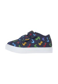Blaue Stoff-Sneaker mit weißer Gummisohle, die mit bunten Dinosaurier-Mustern und verstellbaren Klettverschlüssen ausgestattet sind.