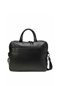 Zwarte leren laptoptas met een gestructureerde afwerking, dubbele handvatten, een verstelbare schouderband en een ritsvak als hoofdcompartiment.