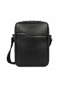 Borsa a tracolla in pelle nera con chiusura a zip, dotata di tasca frontale, una trama sottile e spallaccio regolabile. Misura circa 25x20 cm.