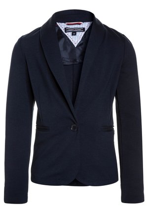 Marineblå tætsiddende blazer med enkeltknapslukning, hakket revers og stribet inderkrave.