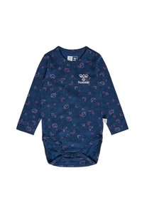 Marinblå långärmad bodysuit med geometriskt mönster i rosa och lila. Har rund hals och tryckknappar i botten för enkel av- och påklädning.