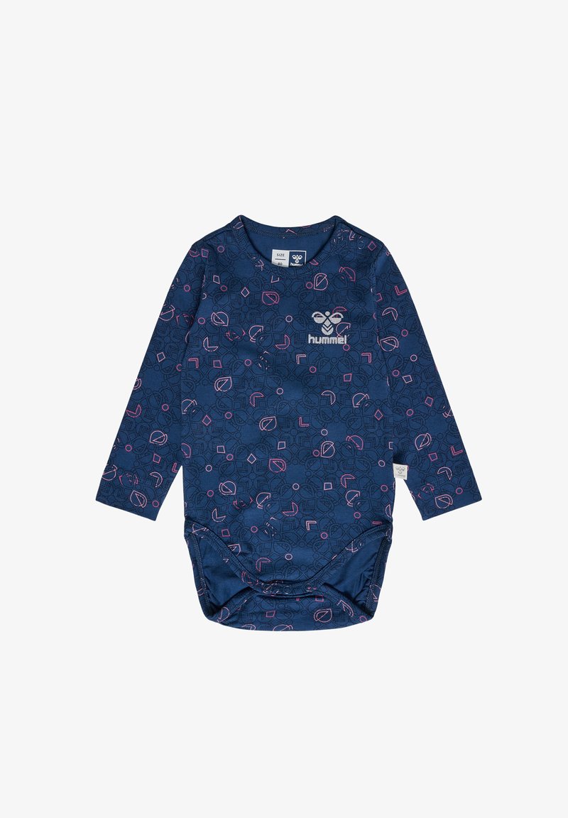 Mørkeblå langærmet bodystocking med et geometrisk mønster i pink og lilla. Har en rund hals og trykknapper i bunden for nem påklædning.