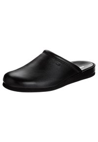 Sort læder slip-on sko med rund tå, glat overflade, lav profil og en fleksibel gummisål. Minimalistisk design uden synligt hardware.