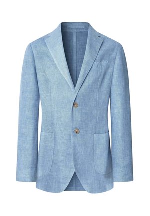 Blazer in lino azzurro chiaro con tessuto testurizzato, rever a punta, due bottoni e tasche a toppa. Taglio sartoriale con schiena foderata.