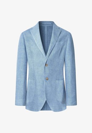 Lichtblauwe linnen blazer met een textuurstof, met gepaspelde revers, twee knopen en klepzakken. Perfecte snit met een ventileerde achterkant.