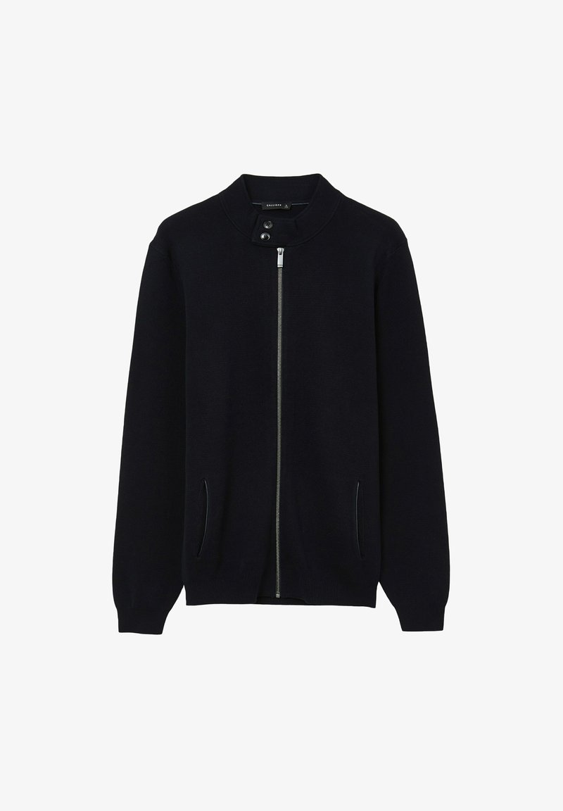 Cardigan zip-up di un blu navy scuro con colletto alto, texture a coste e due tasche laterali, dotato di una zip argentata e di un sottile dettaglio con bottoni.