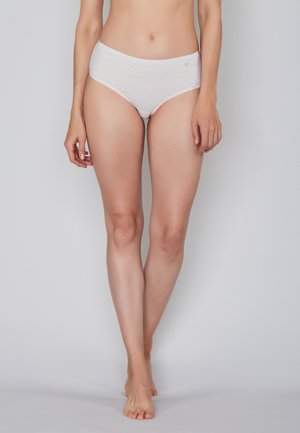 White high-waisted women's underwear with a zigzag pattern, soft texture, and subtle brand logo on the waistband.