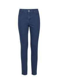 Jean skinny bleu foncé en denim, avec une fermeture à bouton à l'avant, cinq poches et une texture lisse. Aucun motif ou accent visible.