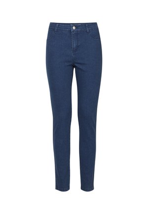 Temno modri skinny jeans iz denima, s sprednjim gumbom za zapiranje, petimi žepi in gladko teksturo. Brez vidnih vzorcev ali dodatkov.