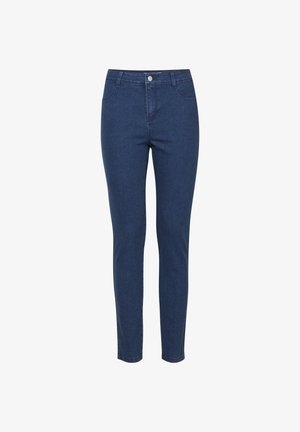 Dunkelblaue Skinny Jeans aus Denim mit einem frontalen Knopfverschluss, fünf Taschen und einer glatten Textur. Keine sichtbaren Muster oder Akzente.