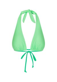 Top bikini verde a fascia con design triangolare, lacci regolabili al collo e sulla schiena, e un tessuto morbido e elasticizzato.