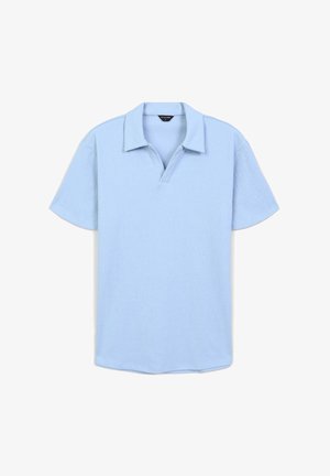 Polo shirt azzurro chiaro a maniche corte con tessuto testurizzato, colletto classico e vestibilità rilassata. Disponibile in un materiale liscio e traspirante.