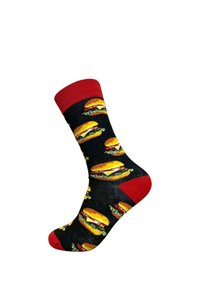 Chaussette noire avec bordure et orteil rouges, décorée de multiples motifs colorés de cheeseburgers.