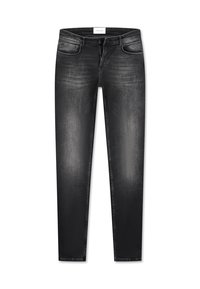 Slim-fit zwarte denim jeans met een vervaagd uiterlijk, voorzien van vijf zakken, een ritssluiting en contrasterende stiksels. Glad textuur.