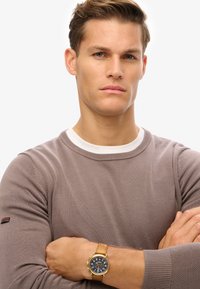 Maglione marrone con colletto bianco, indossato da un uomo. Ha un orologio d'oro con quadrante blu e cinturino in pelle color nocciola al polso.