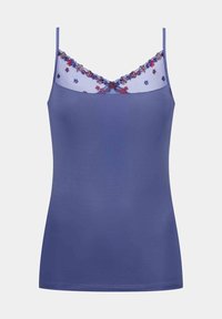 Violet camisole with thin straps, featuring a sheer embroidered neckline with floral patterns in red and blue. Smooth fabric texture.