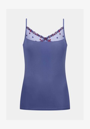 Camisola viola con spalline sottili, caratterizzata da un collo ricamato trasparente con motivi floreali in rosso e blu. Tessuto dalla consistenza liscia.