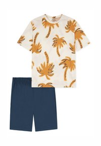 T-shirt a maniche corte di colore crema con motivo di palme arancioni, abbinato a pantaloni corti blu navy. Realizzato in tessuto morbido, vestibilità comoda.
