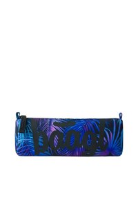 Astuccio rettangolare blu e viola con motivo di foglie tropicali; presenta un grande logo nero e una chiusura con zip con un tirante.