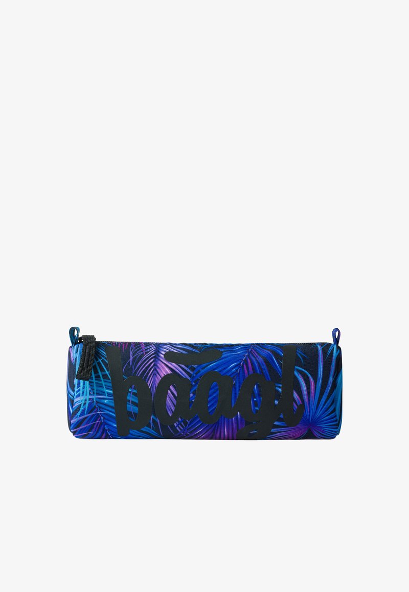 Astuccio rettangolare blu e viola con motivo di foglie tropicali; presenta un grande logo nero e una chiusura con zip con un tirante.