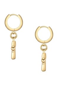 Auksiniai auskarai su pakabuku, pasižymintys sraigtiniu dizainu ir lygiu paviršiumi. Papuošti apvaliu jungtimi.