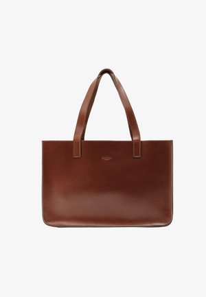 Braune Ledertasche mit zwei flachen Griffen, rechteckiger Form, glatter Textur und eingeprägtem Logo auf der Vorderseite.