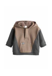 Khaki i węglowy dwutonowy sweatshirt z kapturem, z kieszenią z przodu, krótkimi rękawami i ściągaczami. Miękka tkanina o teksturowanym wykończeniu.