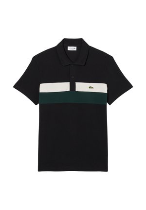 Black polo shirt with green and white horizontal stripes, featuring a small Lacoste logo. Constructed from soft cotton material.