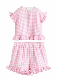 Rosa rutigt tvådelat set med kortärmad topp och volangkant, kombinerat med matchande shorts med elastisk midja och volanger.