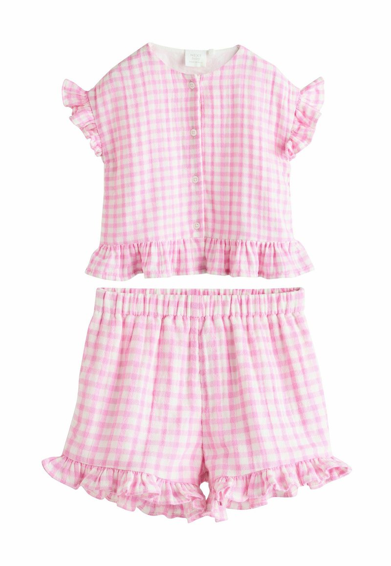 Rosa rutigt tvådelat set med kortärmad topp och volangkant, kombinerat med matchande shorts med elastisk midja och volanger.