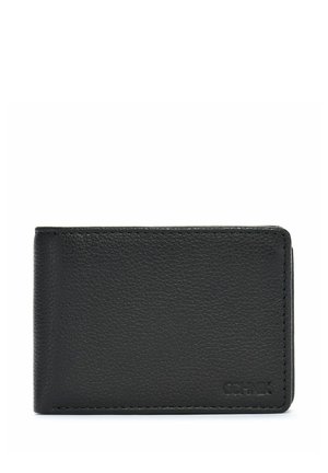 Czarny skórzany portfel, prostokątny kształt, teksturowana powierzchnia, minimalistyczny design, wytłoczone logo w prawym dolnym rogu, brak widocznych elementów metalowych.