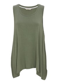 Oliwkowa, bezrękawnikowa bluzka wykonana z miękkiego materiału, z okrągłym dekoltem i luźnym, zwiewnym krojem. Asymetryczny dół jest nieco dłuższy z tyłu.