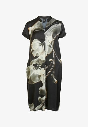 Vestido negro fluido con un patrón floral en blanco y beige, caracterizado por mangas cortas y cuello mandarín. Tejido suave y ligero.