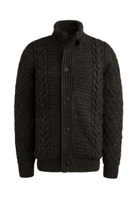 Mørkegrå strikket cardigan med høj krave, frontknapper og kabelmønster på siderne. Ribstrikkede manchetter og nederkant tilfører tekstur.