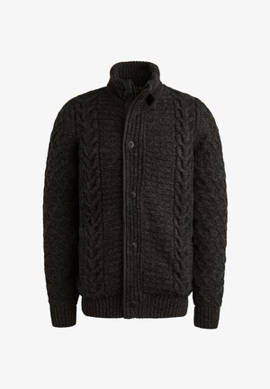 Dunkelgraue Strickjacke mit hohem Kragen, vorderen Knöpfen und einem Kabelmuster an den Seiten. Rippbündchen und Saum sorgen für Textur.