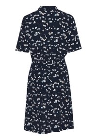 Mörkblå klänning med korta ärmar och inkilad midja, med ett spritt mönster av små vita, ljusblå och beige blommor.