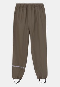 Waterbestendige, olijfgroene broek met elastische taille, voorzien van een reflecterende strip bij de enkel en verstelbare enkelbandjes. Glad textuur.