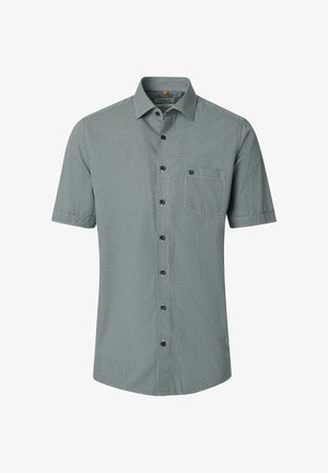 Koszula z krótkim rękawem na guziki, z małym geometrycznym wzorem, przednią kieszenią i klasycznym kołnierzykiem w odcieniach szarości i czerni.