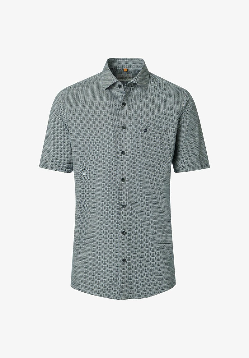 Koszula z krótkim rękawem na guziki, z małym geometrycznym wzorem, przednią kieszenią i klasycznym kołnierzykiem w odcieniach szarości i czerni.